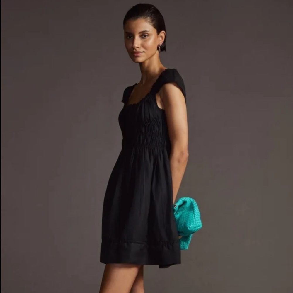 Anthropologie Smocked-Waist Black Mini Dress